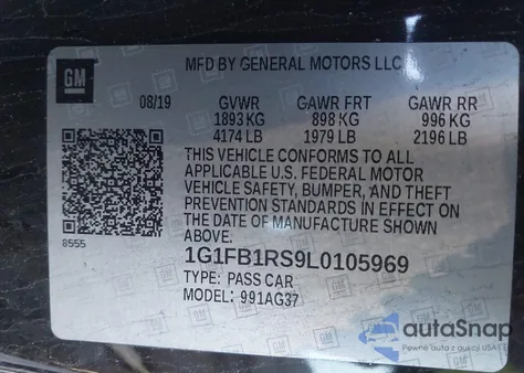 2020 Chevrolet Camaro Rwd 1Lt z USA, uszkodzony, nr VIN 1G1FB1RS9L0105969